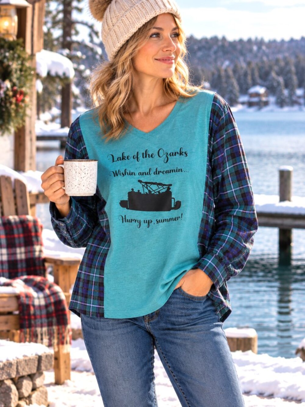 Lake of Ozarks Oversized Graphic T-shirt Boating Theme Flannel Tee Upcycle M-XL